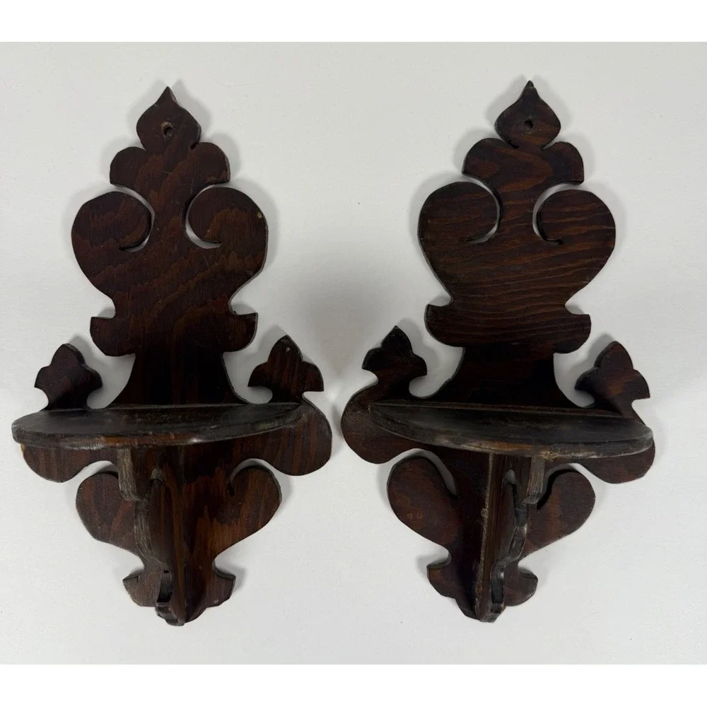 VTG Handmade Wooden Wall Shelf Pair Scroll Cut Hanging Display